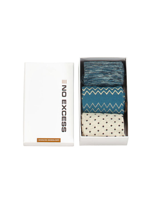 No Excess - Sock Gift Box - 3 Pack - Teal/Cream Multi