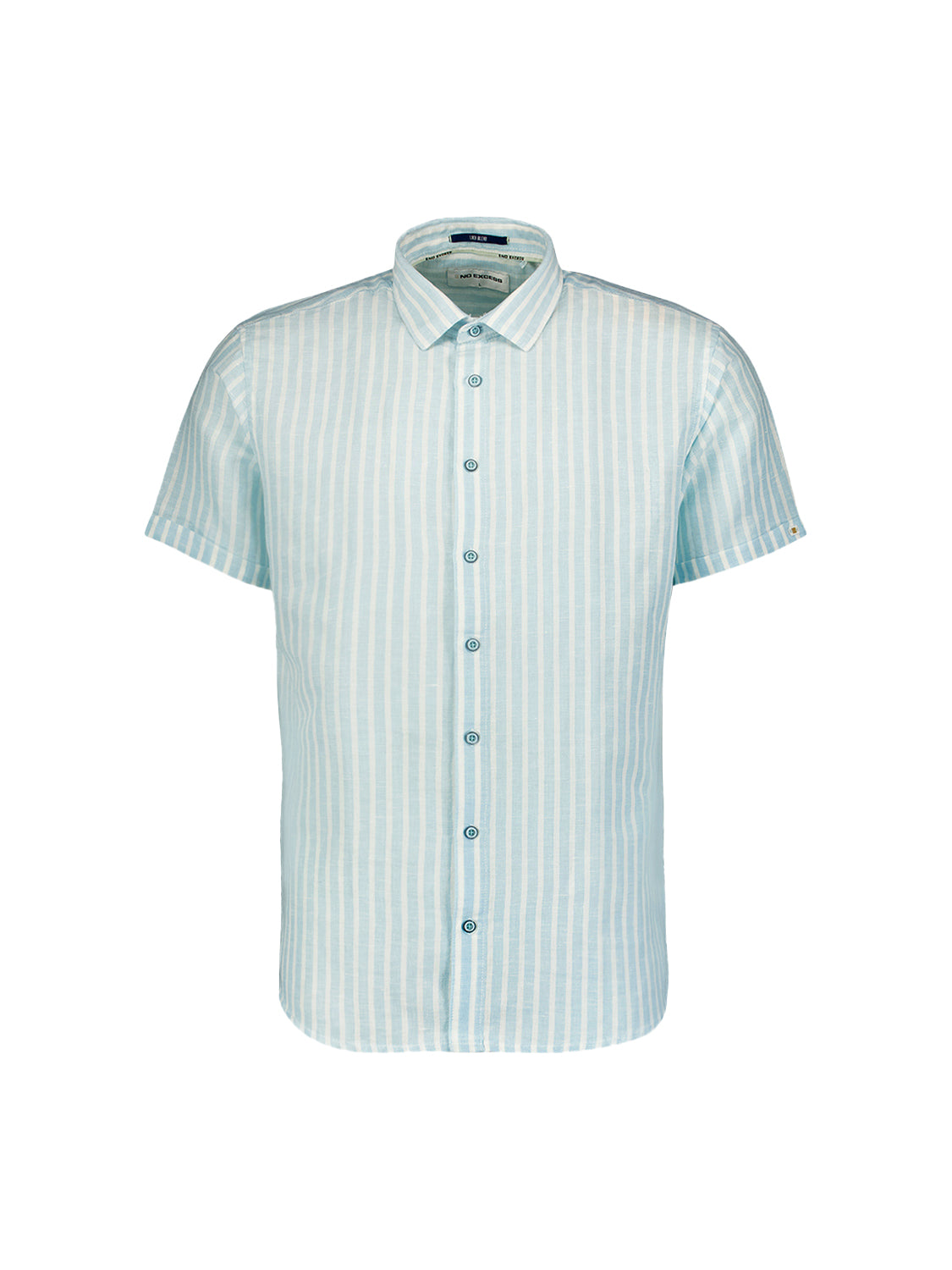 No Excess - Linen Blend Striped Short Sleeved Shirt - Sky