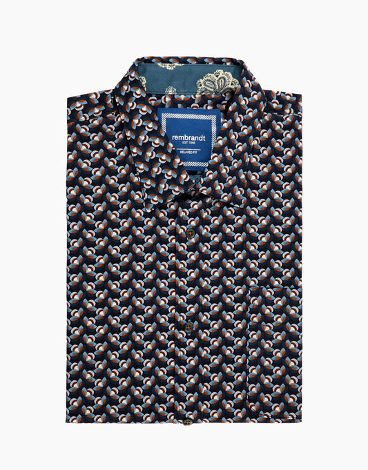 Rembrandt - Short Sleeved Shirt - Blue & Brown Geometric