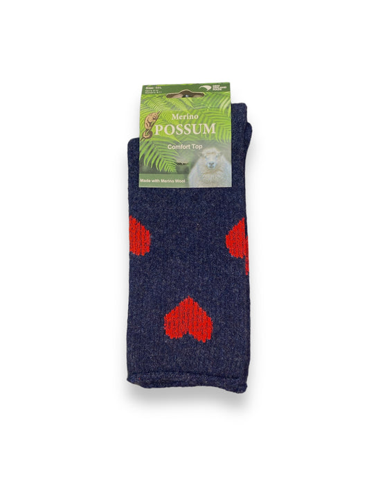 NZ Sock Co - Possum Merino Hearts Socks - Denim/Red